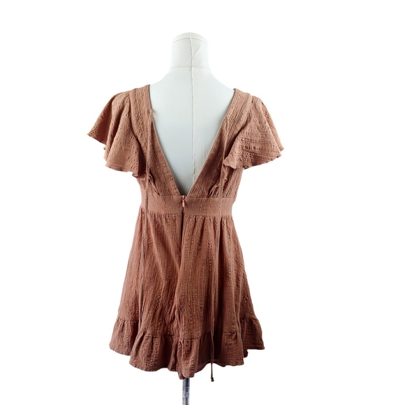 Showpo Terracotta Brown Ruffle Mini Dress AU 10 US 6 Cotton Tie Back Deep V Neck - Picture 4 of 10